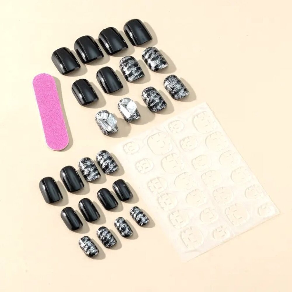 Nails Black Zebra Stripes 24 Fake Press On Glossy Silver Glitter Glam Trendy Fun - Picture 3 of 7
